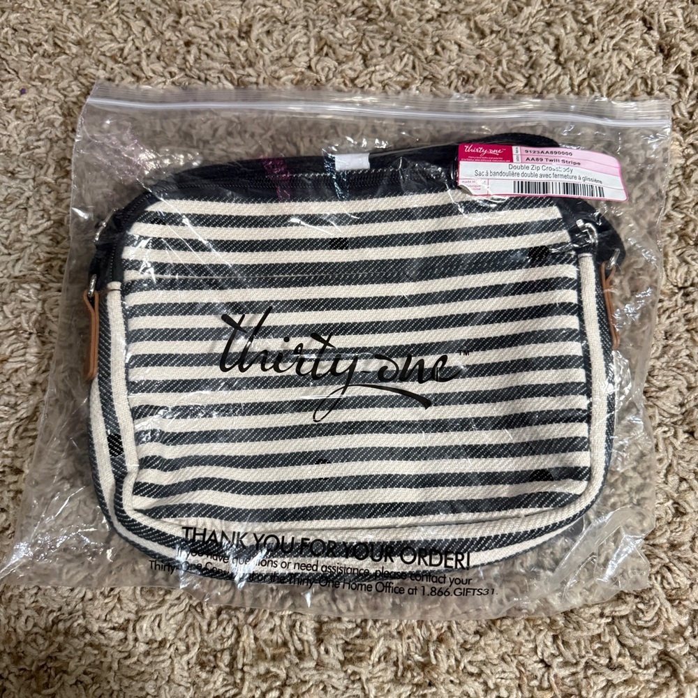 Thirty-One Double Zip Twill Striped Crossbody Bag